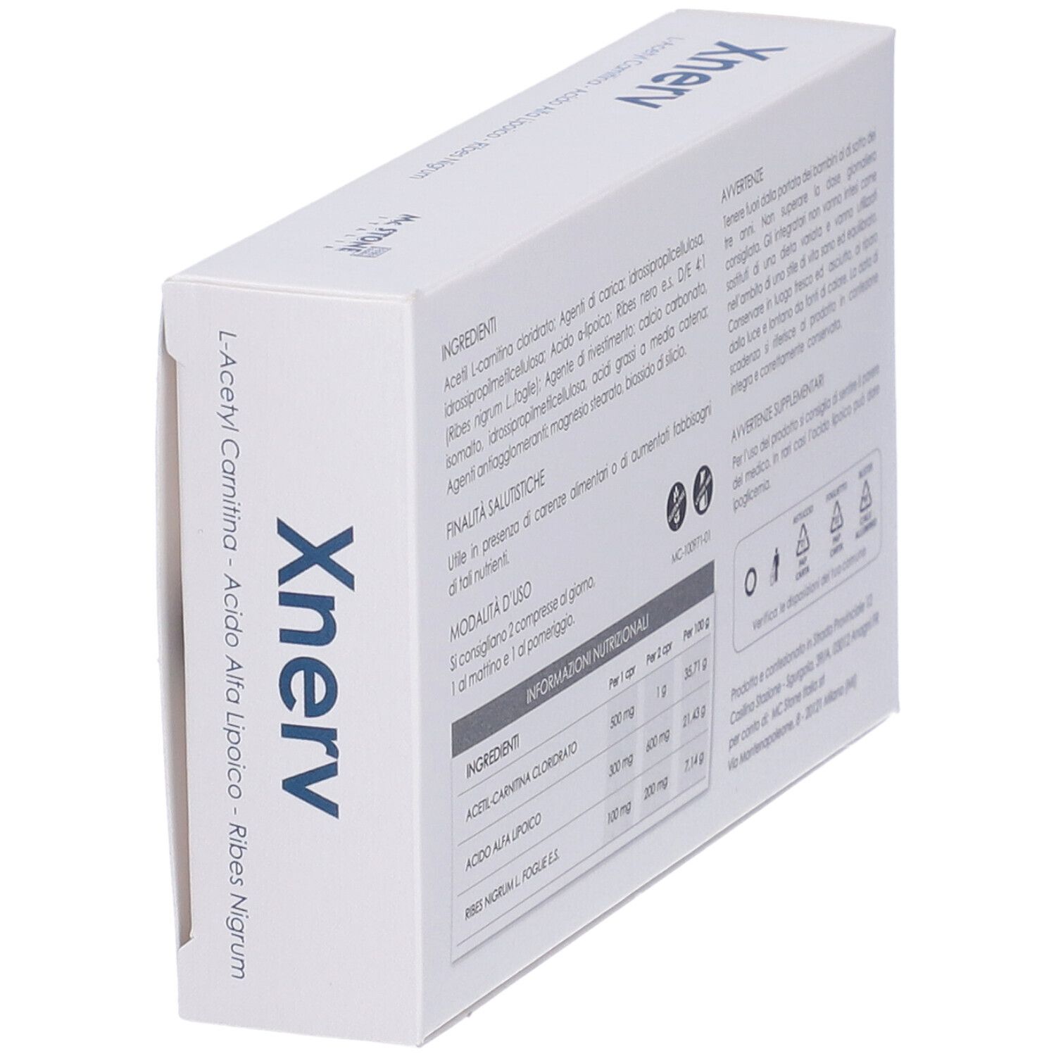 Scatola Xnerv, in diagonale. Contiene L-Acetilcarnitina, Acido Alfa Lipoico, Ribes Nigrum. Elenco ingredienti, informazioni nutrizionali, istruzioni per l'uso.