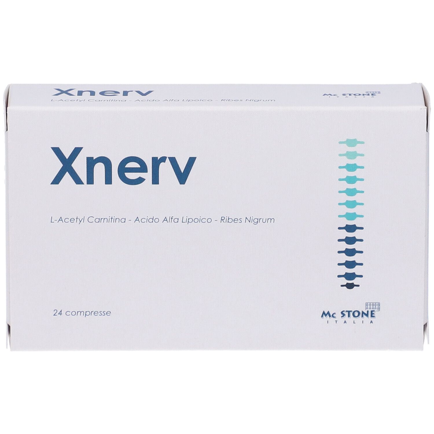 Fronte della scatola Xnerv. Scritta blu, linea verde. Contiene L-Acetilcarnitina, Acido Alfa Lipoico, Ribes Nigrum. 24 compresse.