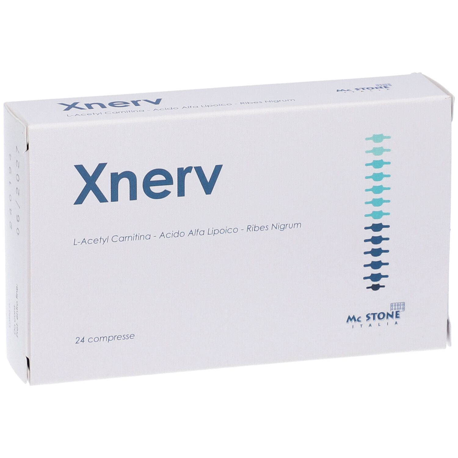 Scatola Xnerv. Scritta blu, linea verde. Contiene L-Acetilcarnitina, Acido Alfa Lipoico, Ribes Nigrum. 24 compresse. Logo Mc Stone.