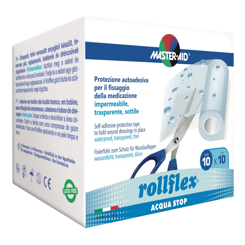 Confezione Rollflex Acqua Stop 10x10 cm. Nastro adesivo trasparente e impermeabile.