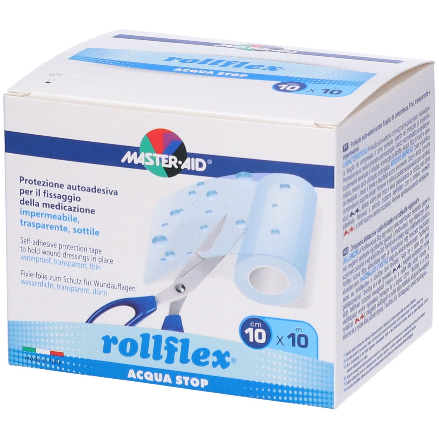 Confezione Rollflex Acqua Stop 10x10 cm. Immagine del prodotto con forbici e rotolo.