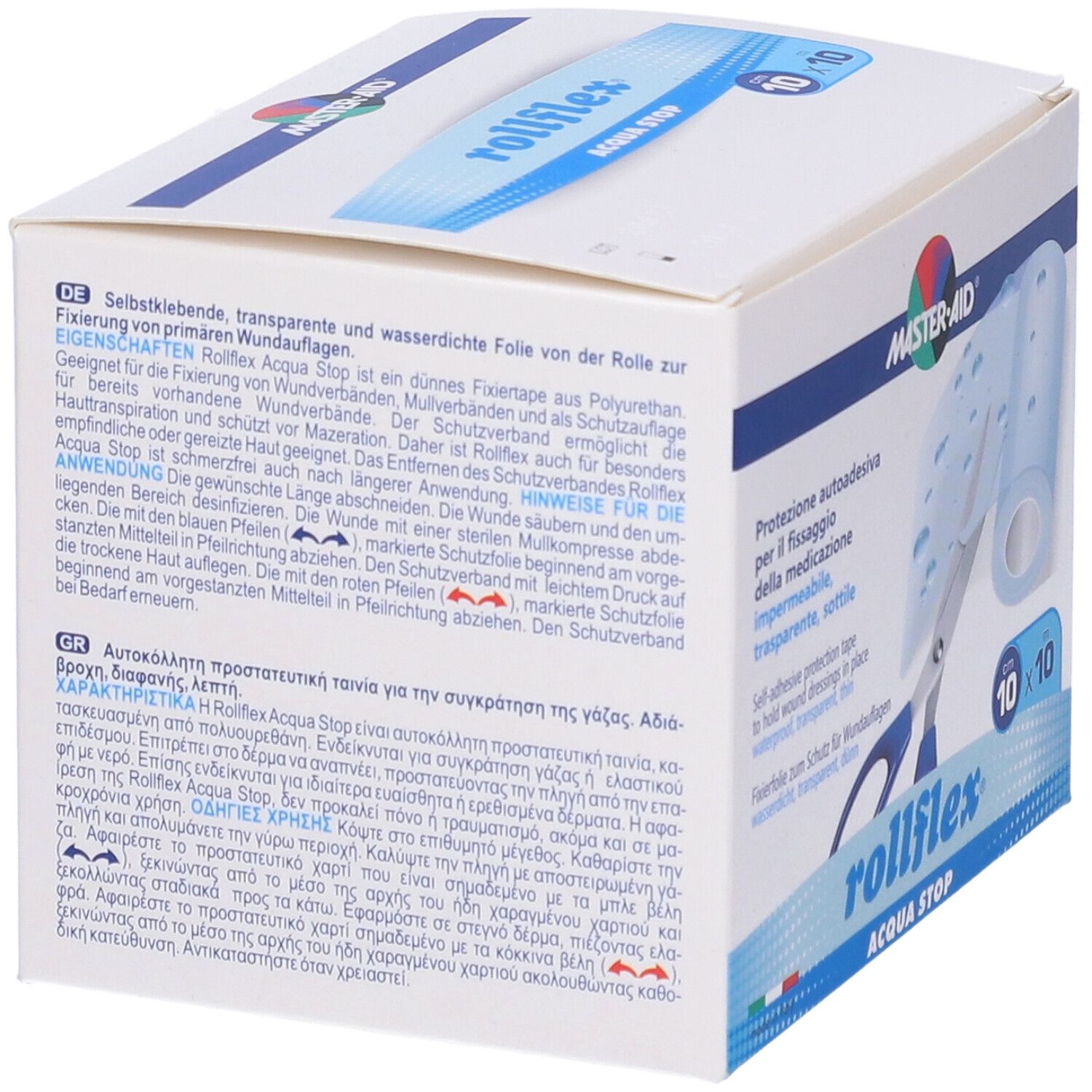 Retro della confezione Rollflex Acqua Stop. Testo multilingue, caratteristiche.