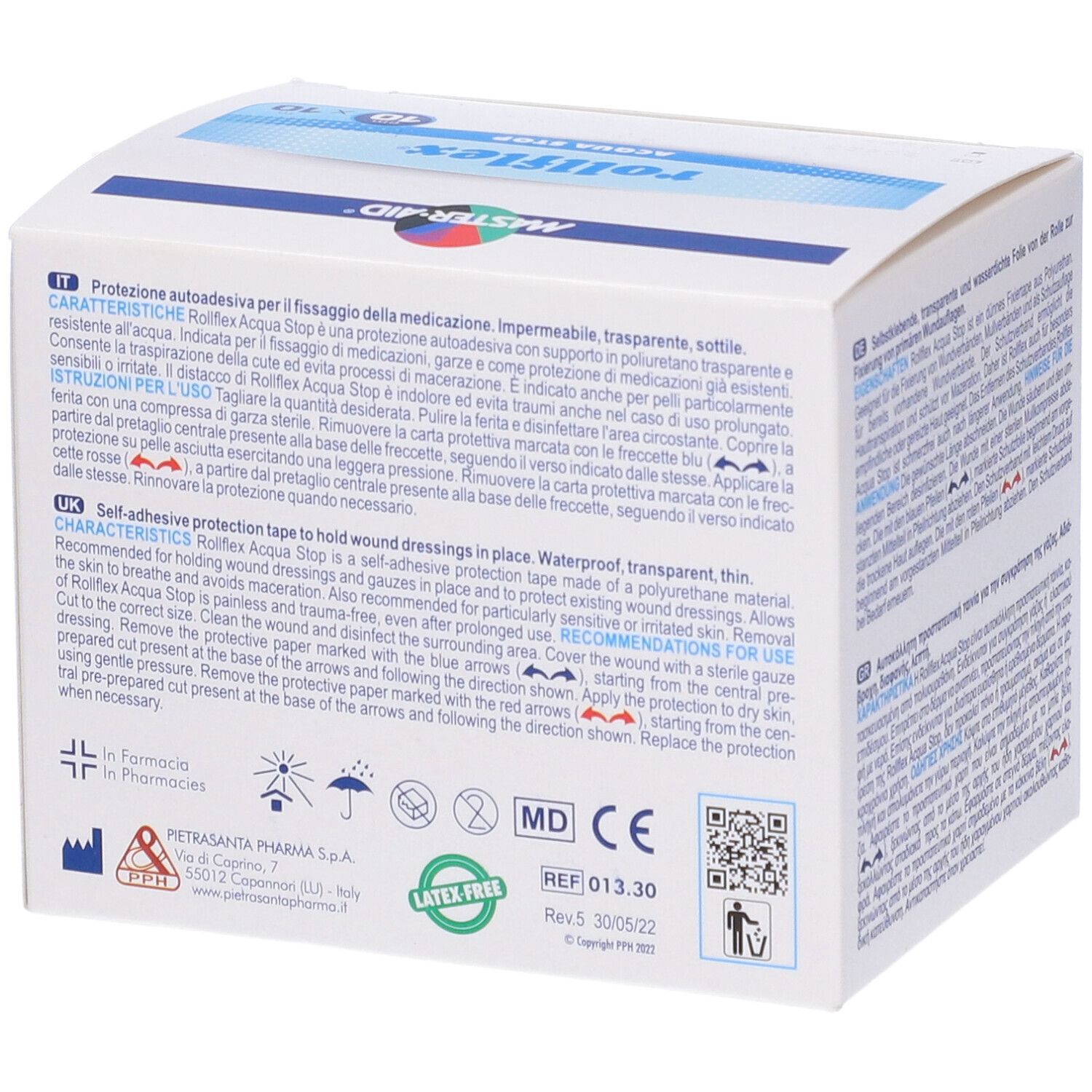 Retro della confezione Rollflex Acqua Stop. Testo, loghi, certificazioni, codice QR.