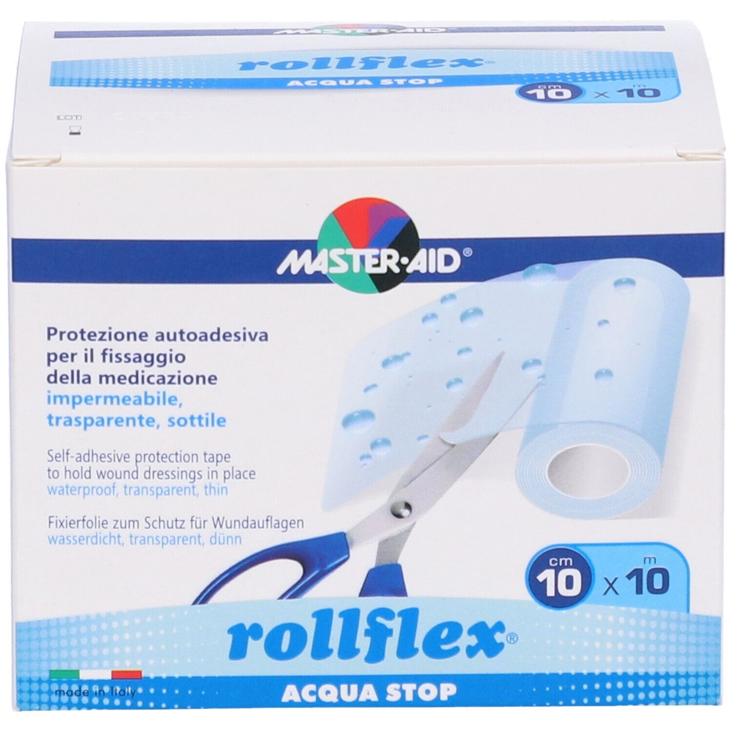 Confezione Rollflex Acqua Stop 10x10 cm. Prodotto con forbici e rotolo.