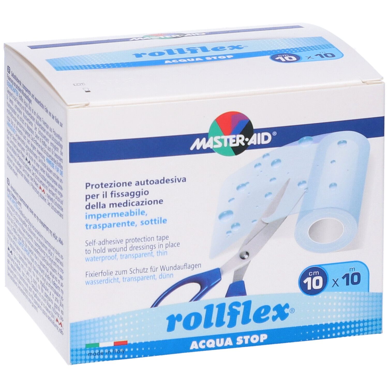 Confezione Rollflex Acqua Stop 10x10 cm. Prodotto con forbici e rotolo.