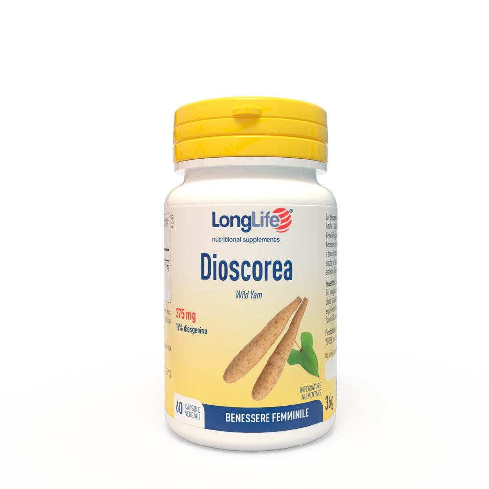 Flacone bianco con tappo giallo. Scritta Dioscorea, 375 mg, 60 capsule. Illustrazione di radici di igname.