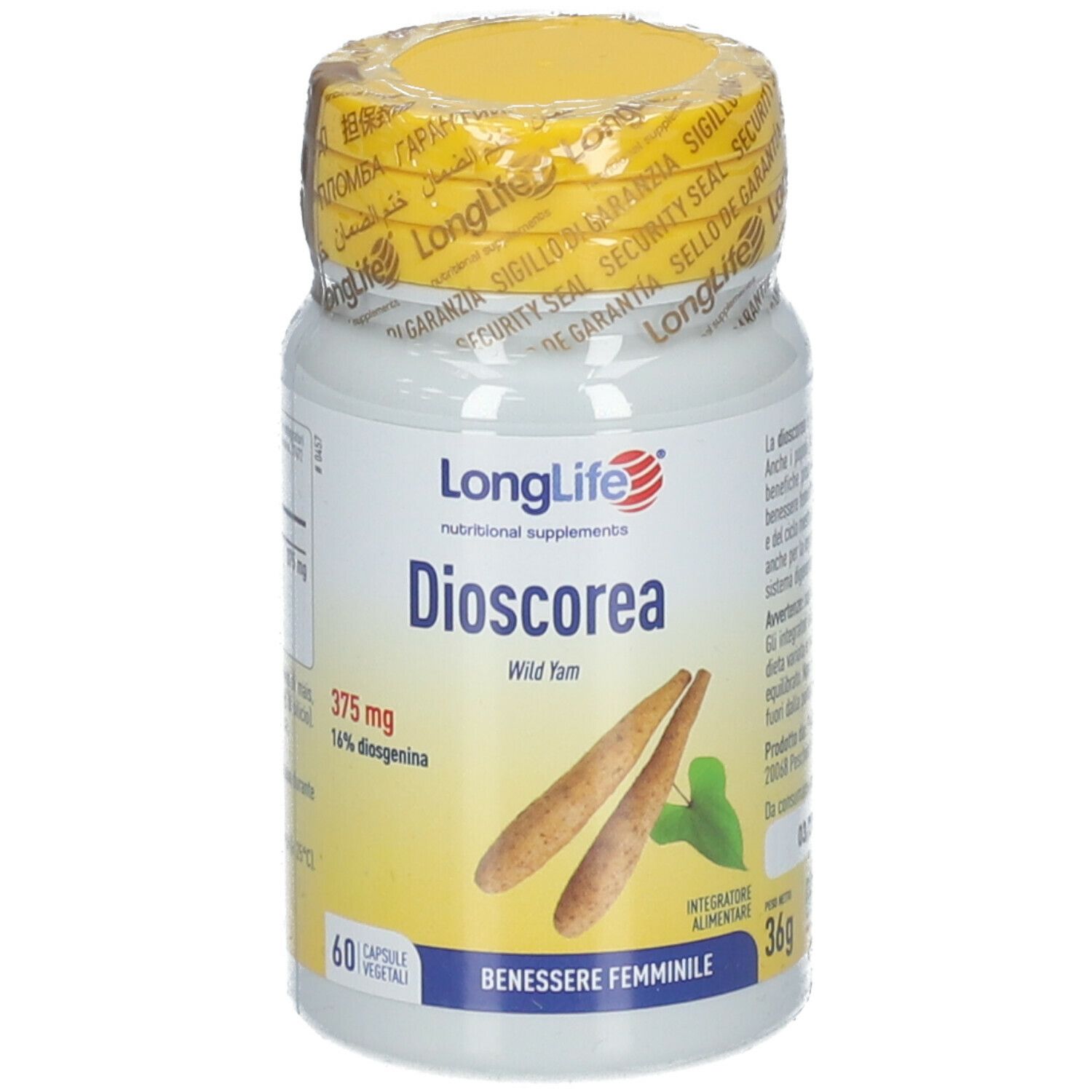 Flacone bianco con tappo e sigillo gialli. Scritta Dioscorea, 375 mg, 60 capsule. Radici di igname.
