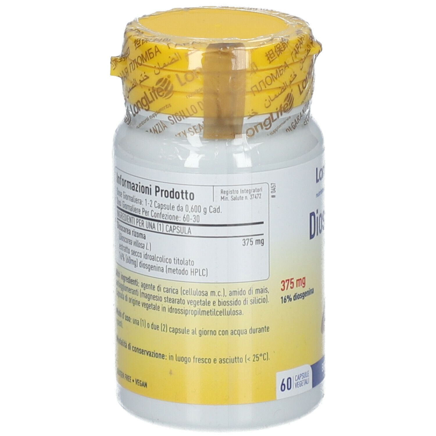 Flacone bianco con tappo e sigillo gialli. Scritta Dioscorea, 375 mg, 60 capsule. Elenco ingredienti.