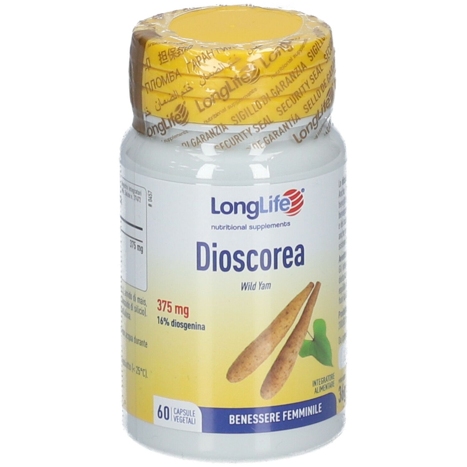 Flacone bianco con tappo e sigillo gialli. Scritta Dioscorea, 375 mg, 60 capsule. Radici di igname.