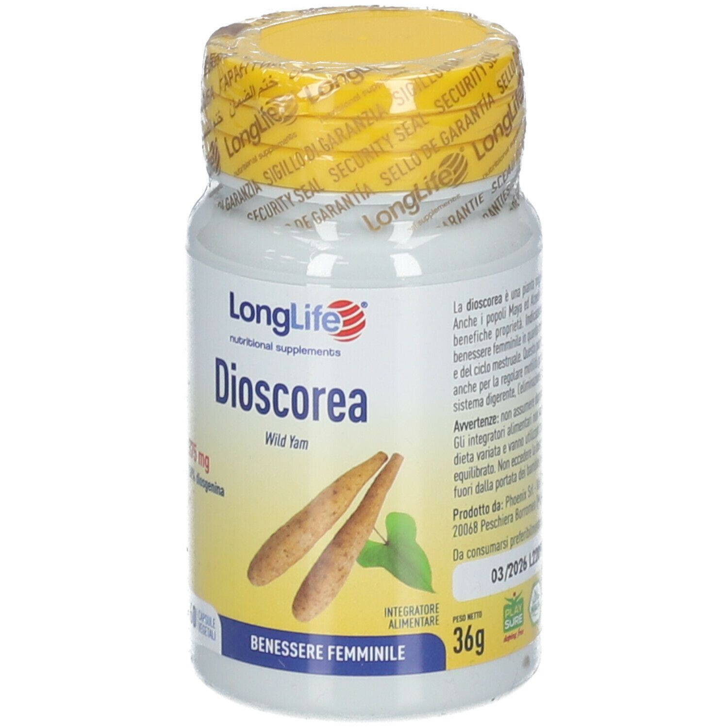 Flacone bianco con tappo e sigillo gialli. Scritta Dioscorea, 375 mg, 60 capsule. Testo e data di scadenza.
