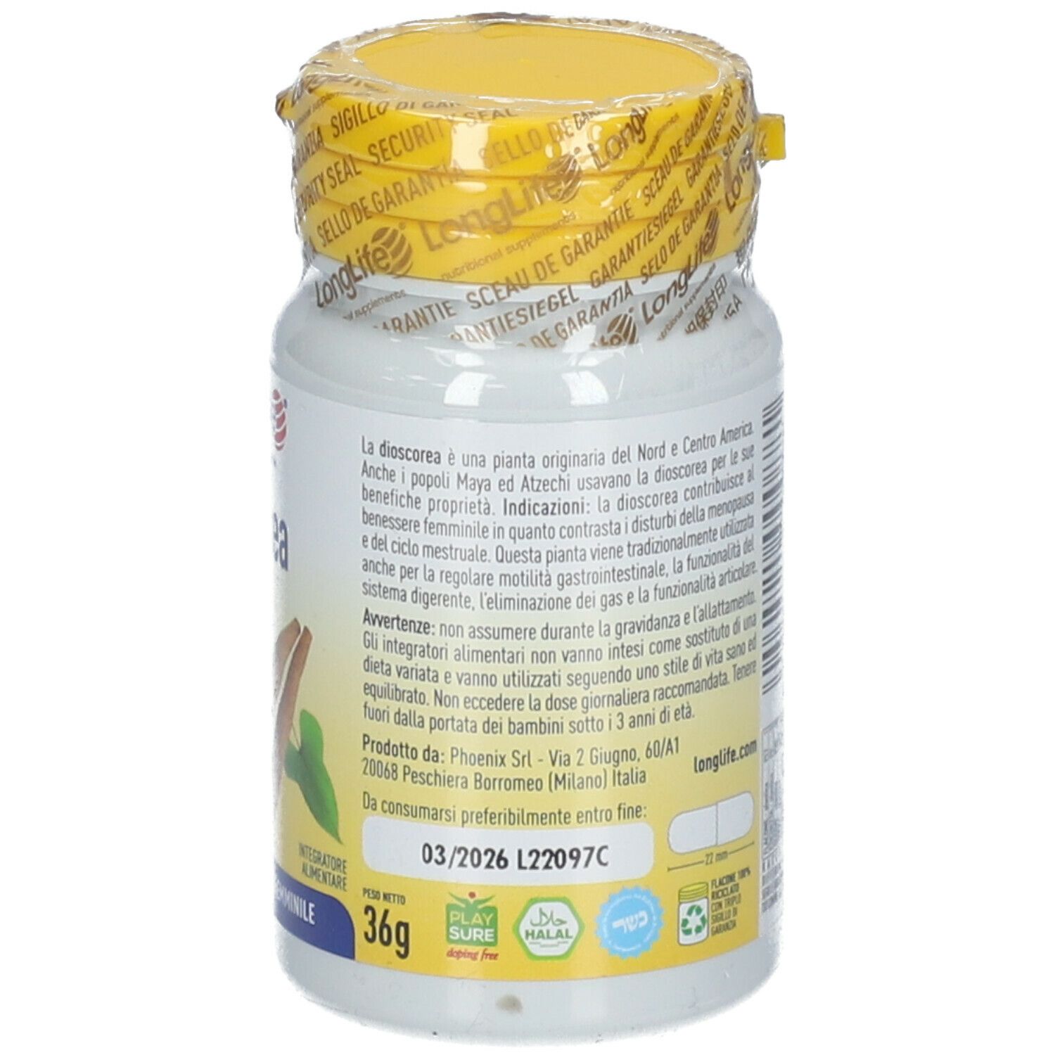 Flacone bianco con tappo e sigillo gialli. Testo sul retro. Data di scadenza.