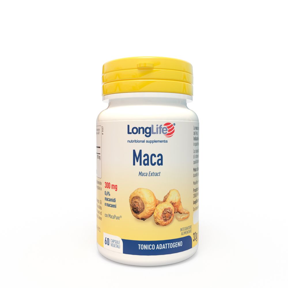 Flacone bianco di integratore alimentare con tappo giallo. Scritta: LongLife Maca. Illustrazione di radici di maca.