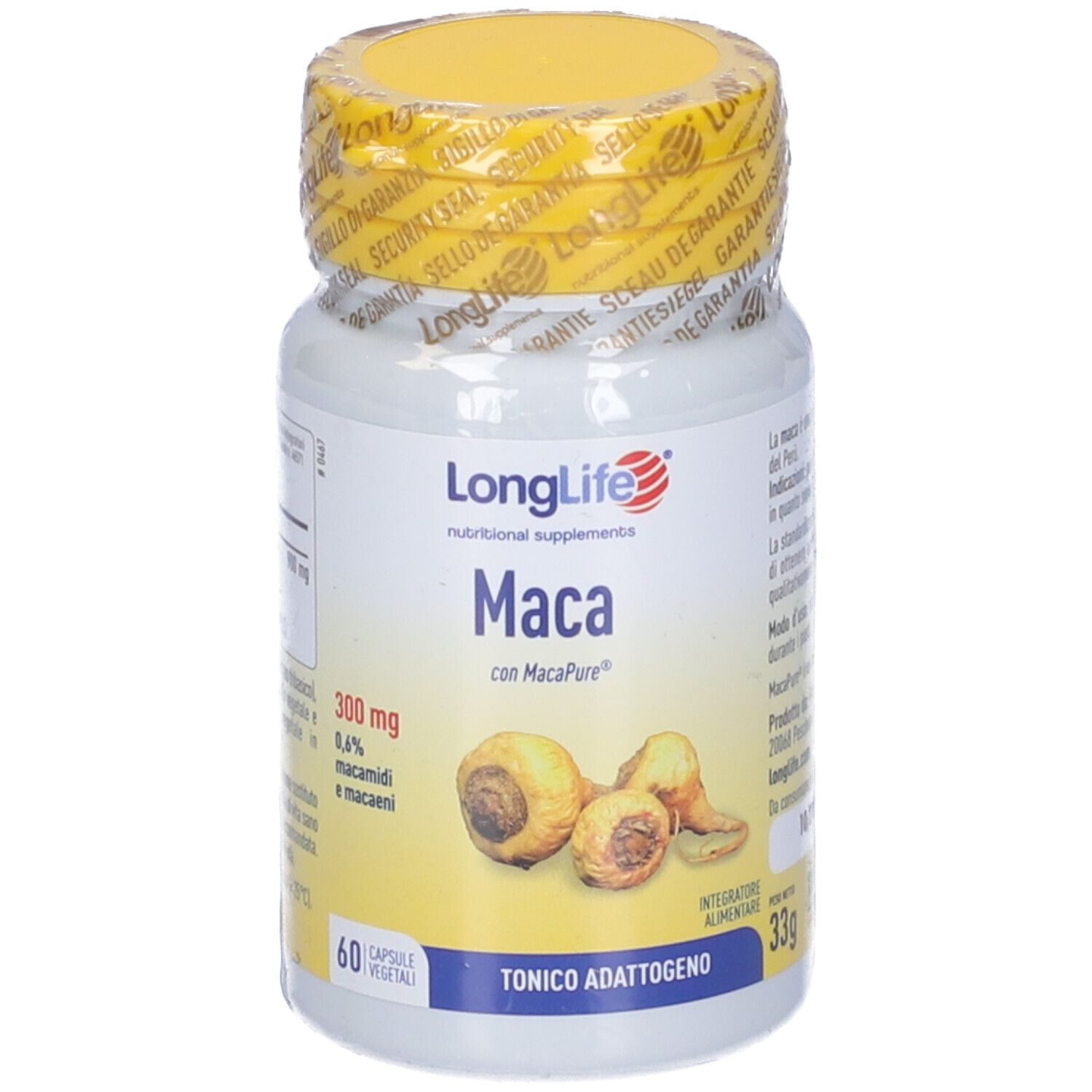 Flacone di integratore alimentare con tappo e sigillo gialli. Scritta: LongLife Maca. Illustrazione di radici di maca.