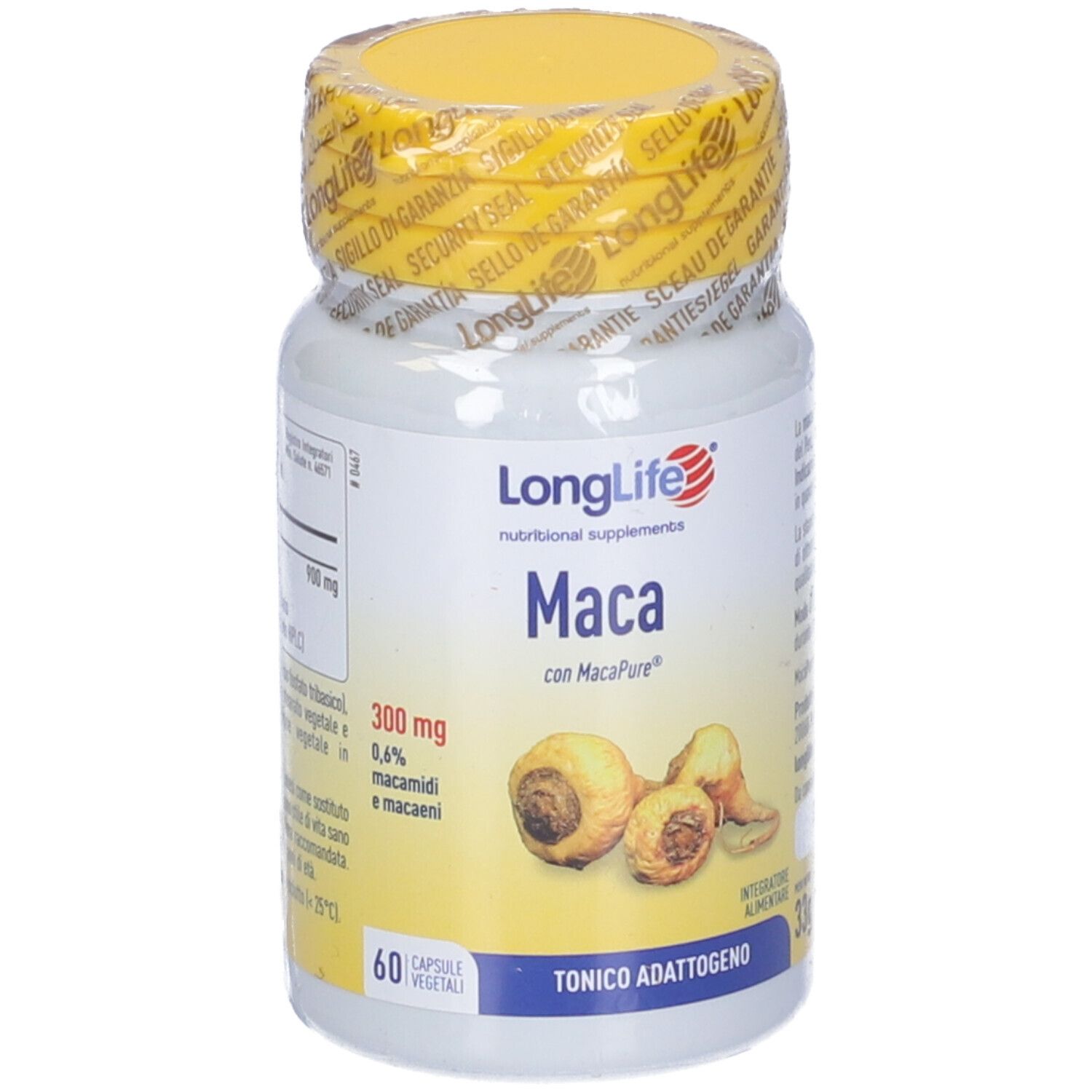 Flacone di integratore alimentare con tappo e sigillo gialli. Scritta: LongLife Maca. Illustrazione di radici di maca.