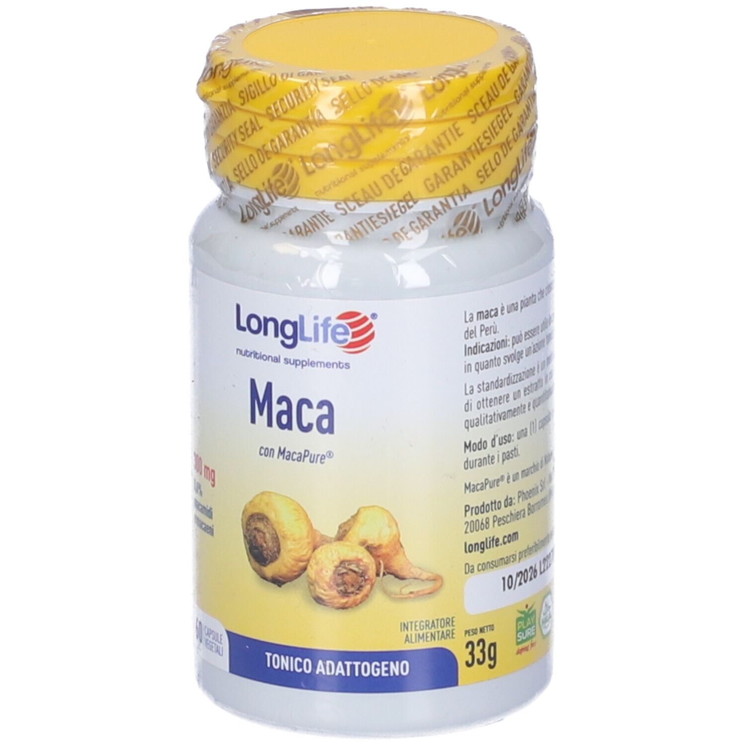 Flacone di integratore alimentare con tappo e sigillo gialli. Scritta: LongLife Maca. Illustrazione di radici di maca.