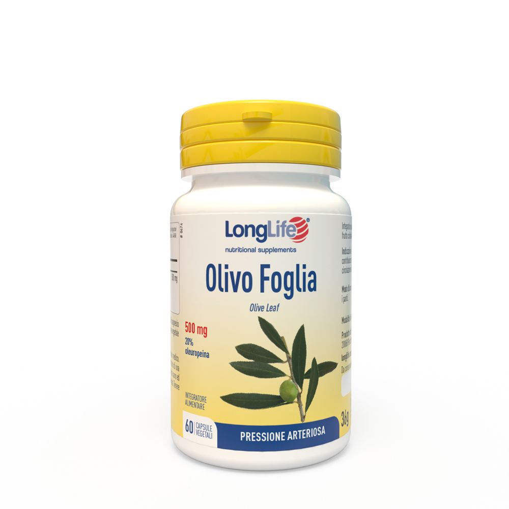 Weiße Flasche mit gelbem Deckel. Aufschrift: Olivo Foglia, 60 Kapseln. Abbildung von Olivenblättern.