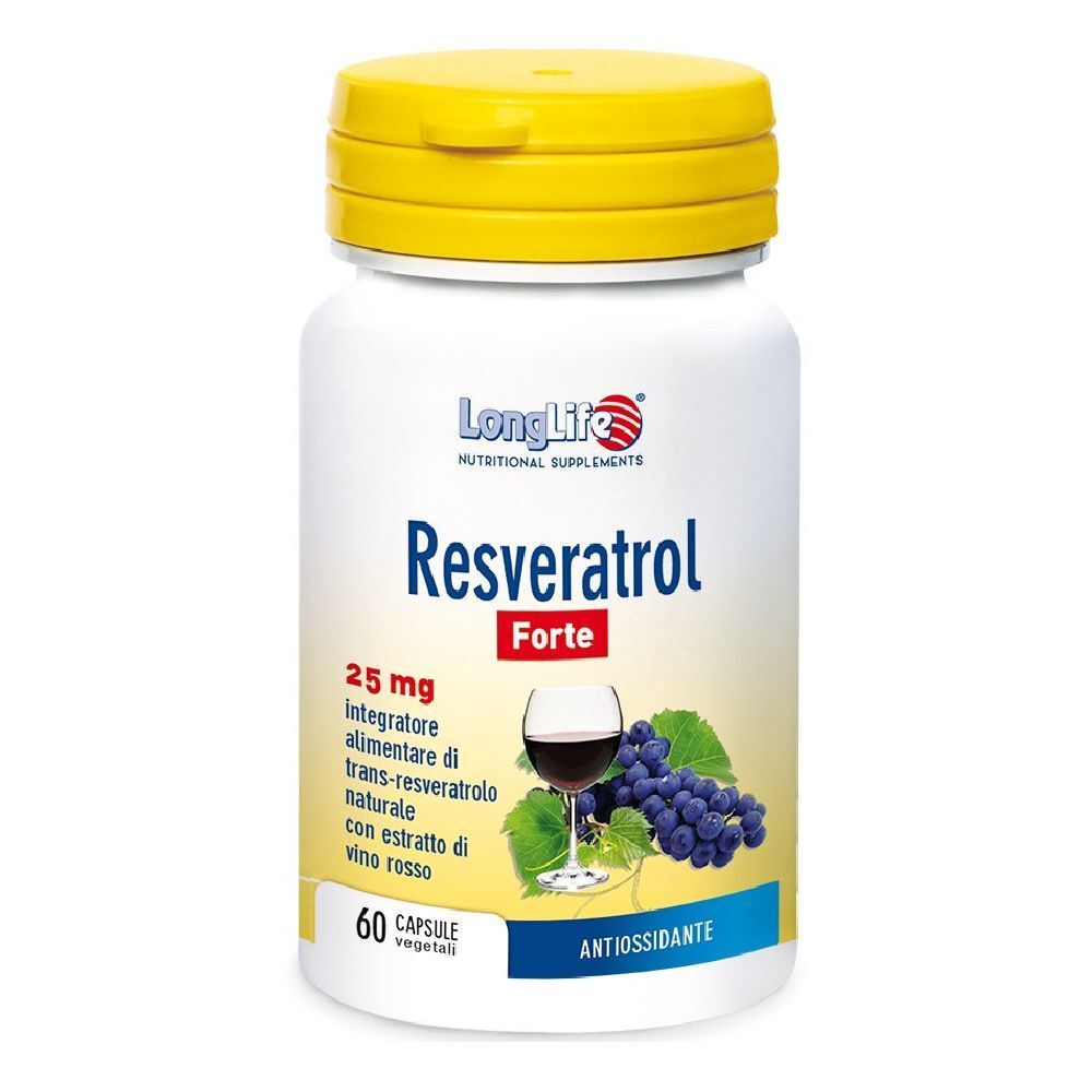 Flacone bianco con tappo giallo. Scritta: LongLife Resveratrol Forte 25 mg, 60 capsule. Illustrazione: bicchiere di vino, uva.