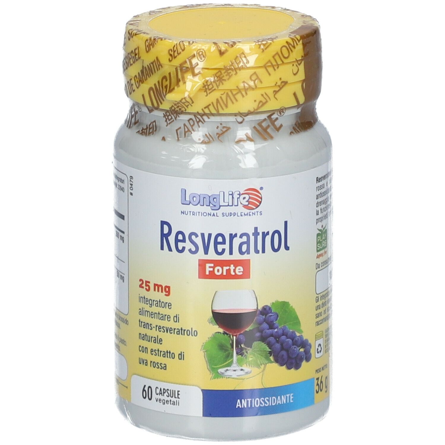 Flacone bianco con tappo giallo e sigillo. Scritta: LongLife Resveratrol Forte 25 mg, 60 capsule. Illustrazione: bicchiere, uva.