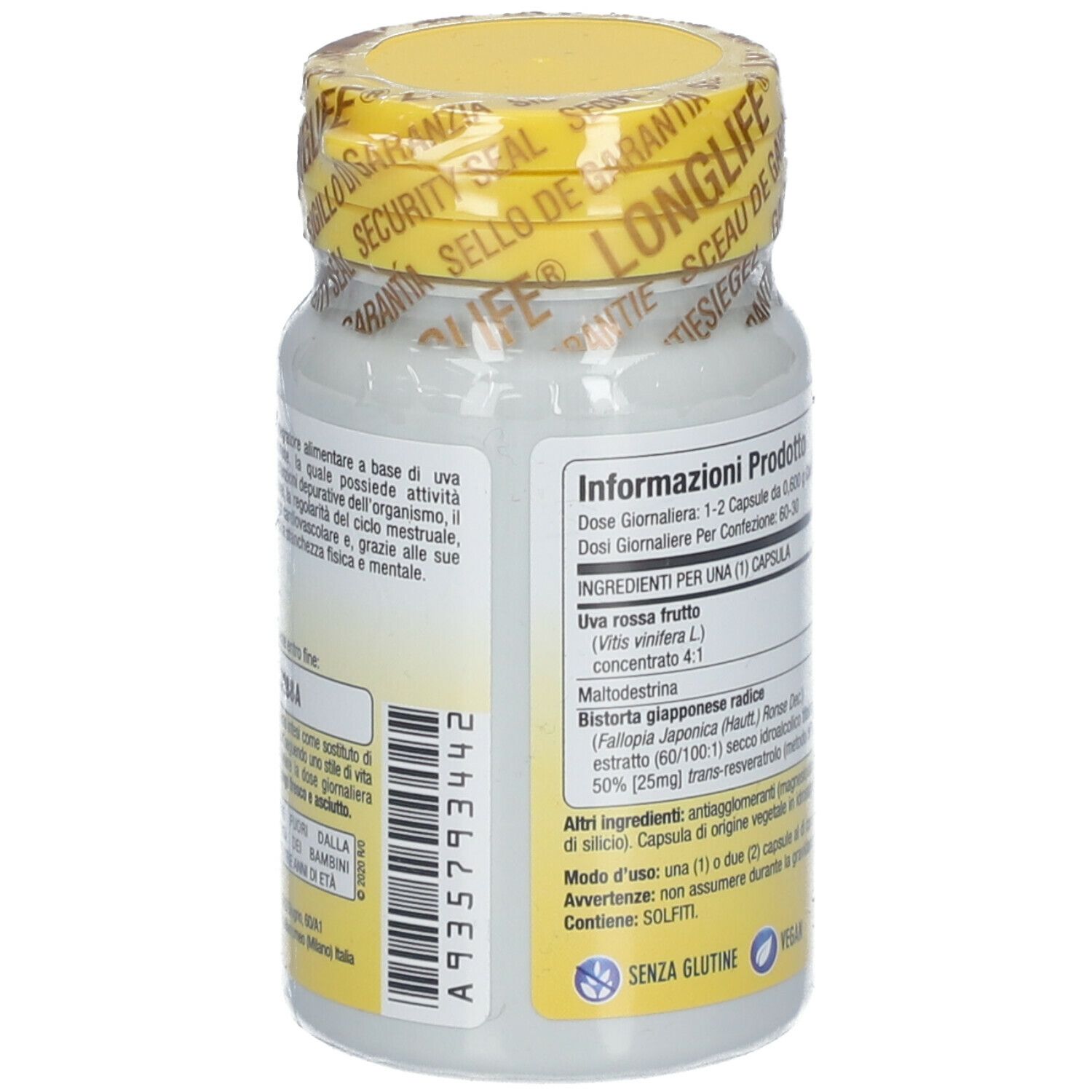 Flacone bianco con tappo giallo e sigillo. Retro con testo e stampa: Senza glutine. Scritta: LongLife Resveratrol Forte.