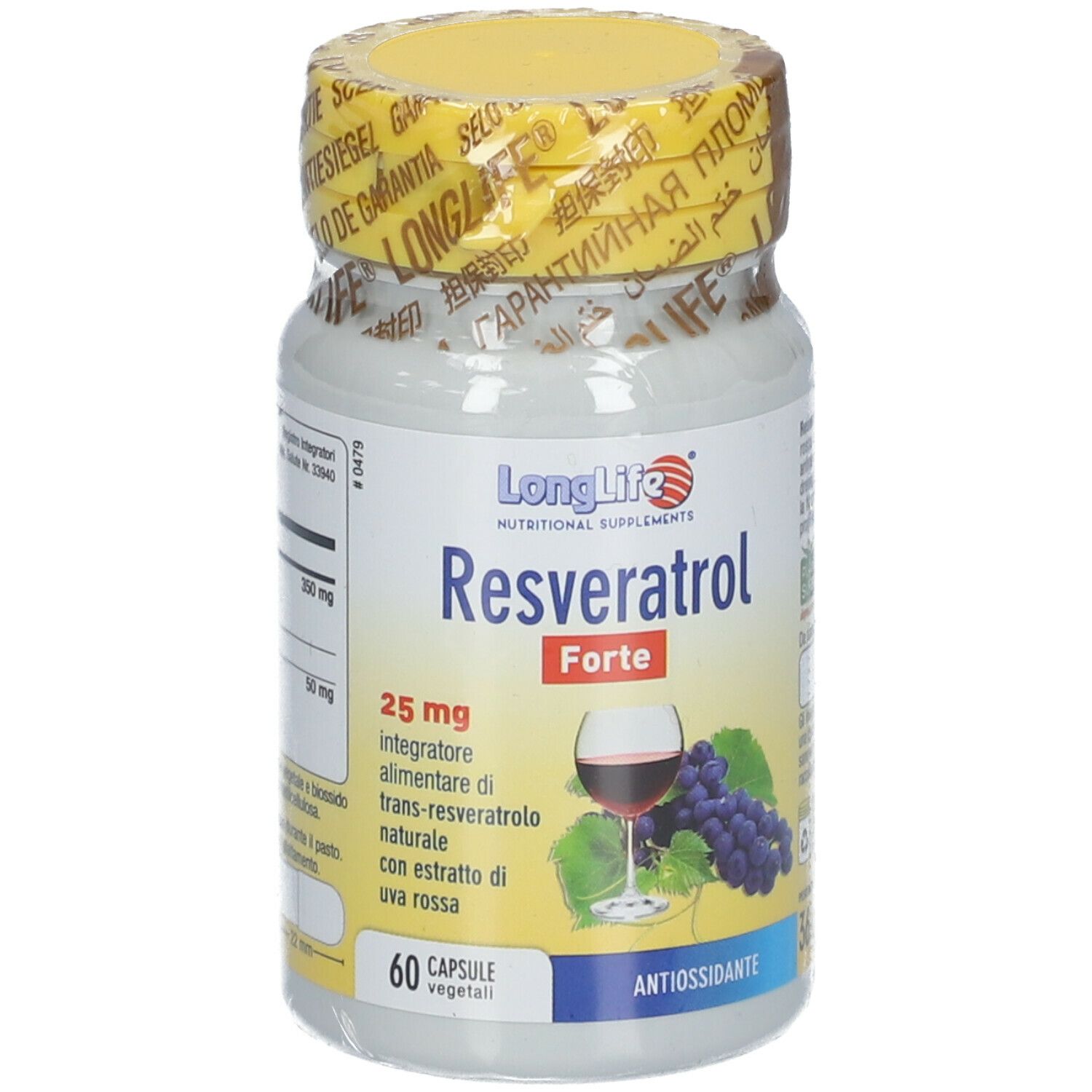 Flacone bianco con tappo giallo e sigillo. Scritta: LongLife Resveratrol Forte 25 mg, 60 capsule. Illustrazione: bicchiere, uva.