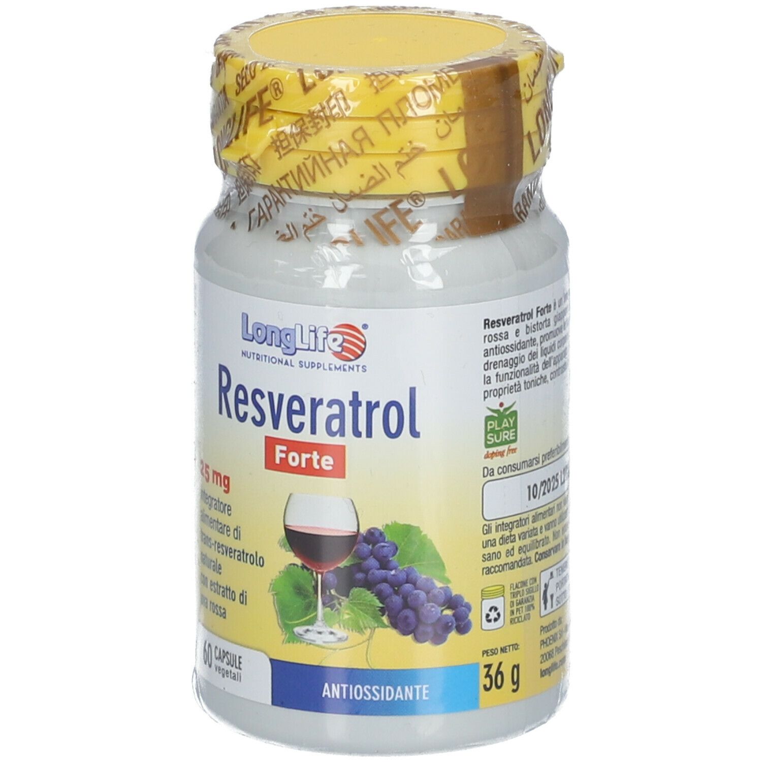 Flacone bianco con tappo giallo e sigillo. Scritta: LongLife Resveratrol Forte 25 mg, 60 capsule. Illustrazione: bicchiere, uva.