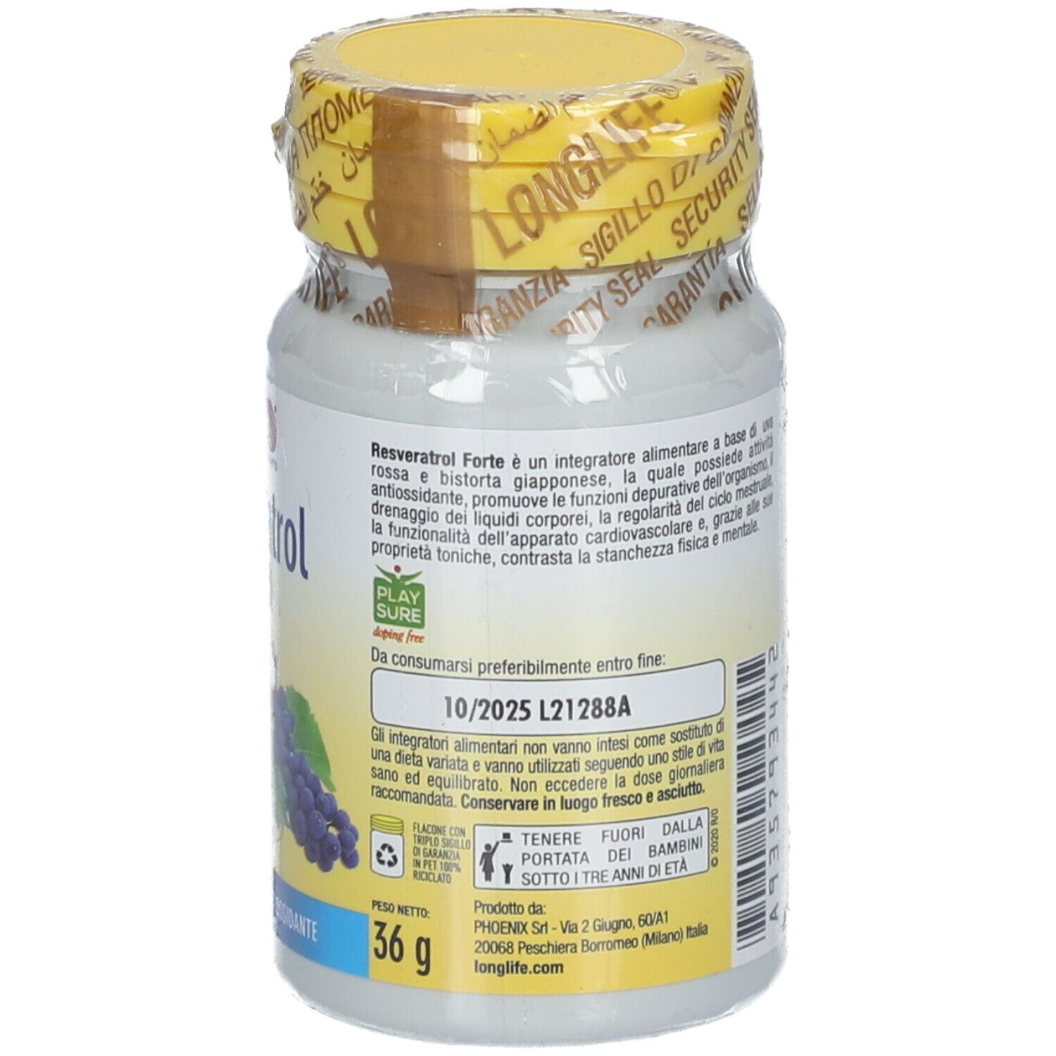 Flacone bianco con tappo giallo e sigillo. Scritta: LongLife Resveratrol Forte. Peso: 36 g. Illustrazione: bicchiere, uva.