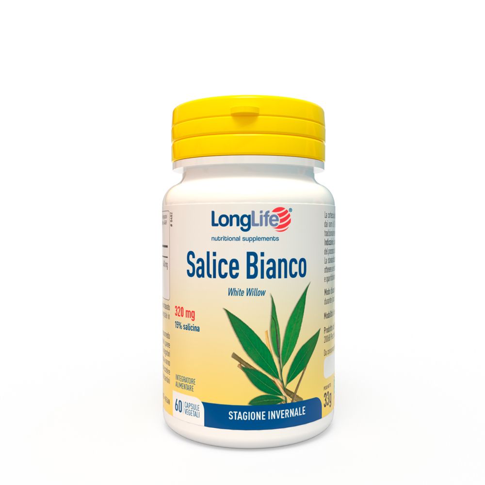 Flacone bianco con tappo giallo. Contiene capsule. Scritta: LongLife Salice Bianco, 60 capsule.