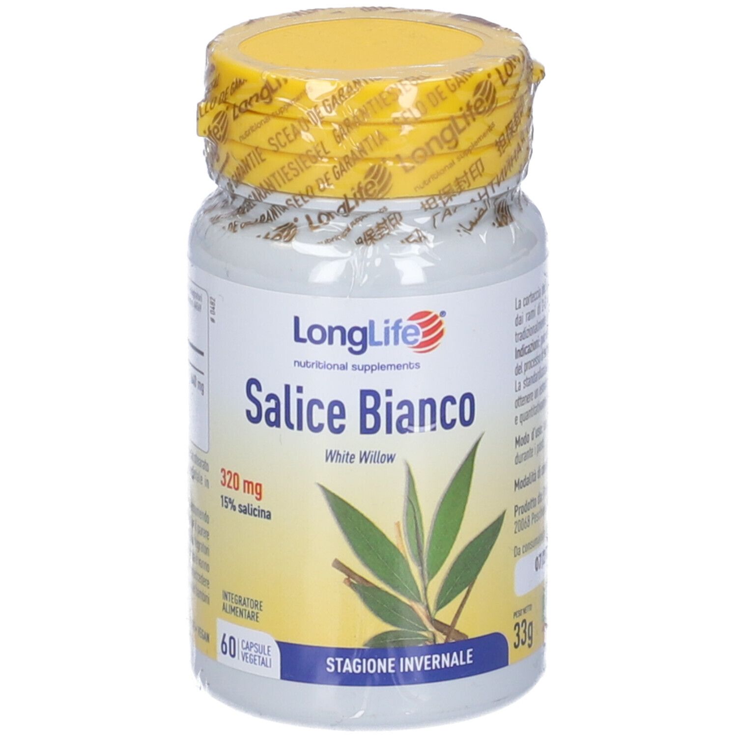 Flacone bianco con tappo e sigillo gialli. Scritta: LongLife Salice Bianco, 60 capsule.