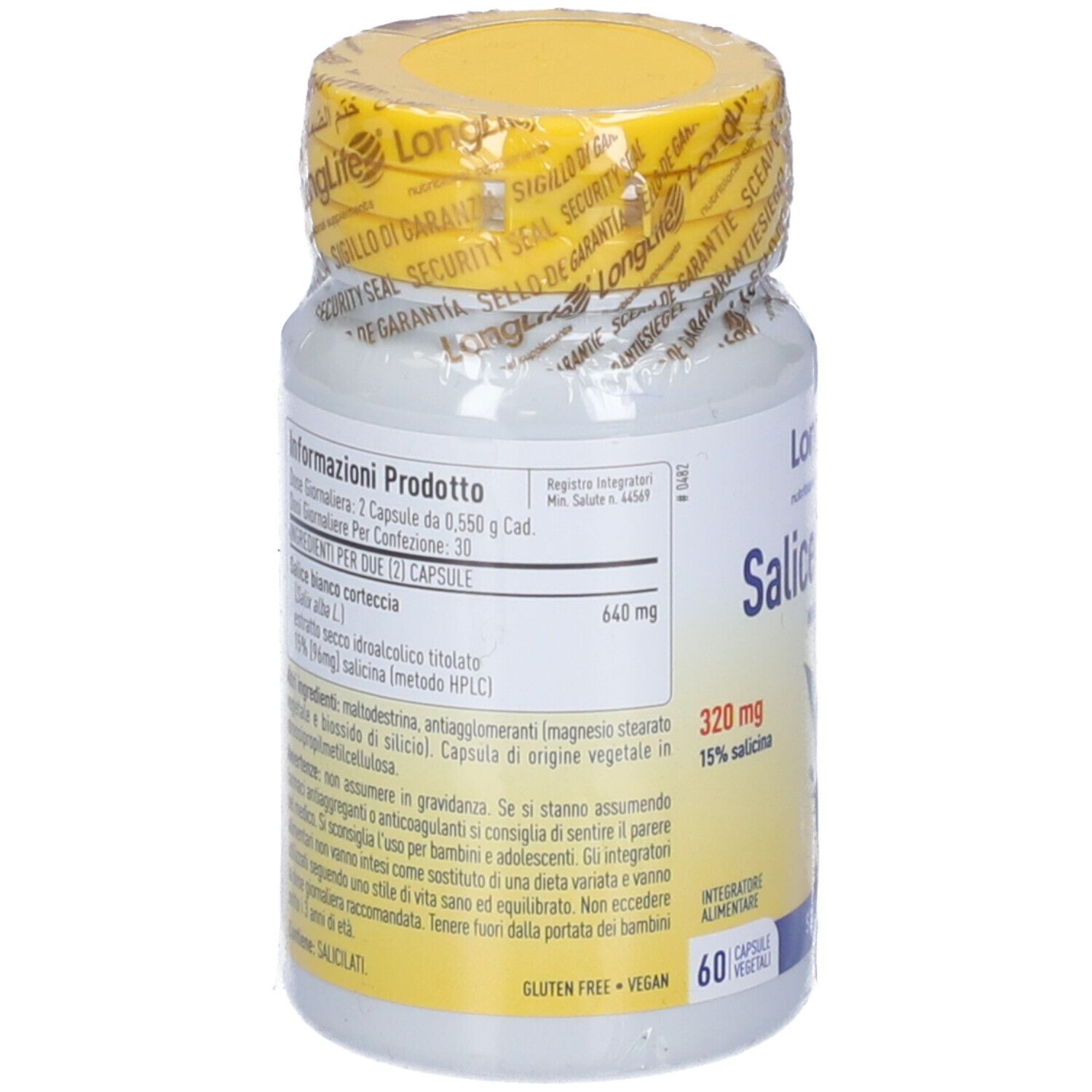 Flacone bianco con tappo e sigillo gialli. Testo sul retro. Scritta: LongLife Salice Bianco, 60 capsule.