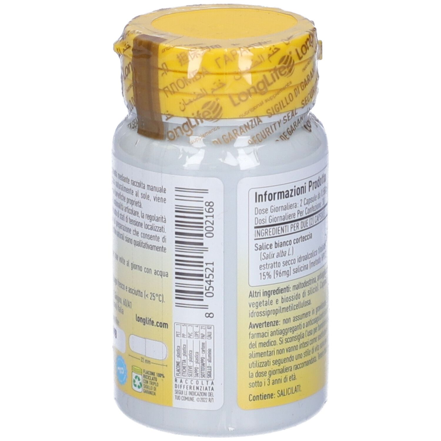 Flacone bianco con tappo e sigillo gialli. Testo e codice a barre sul retro. 60 capsule.