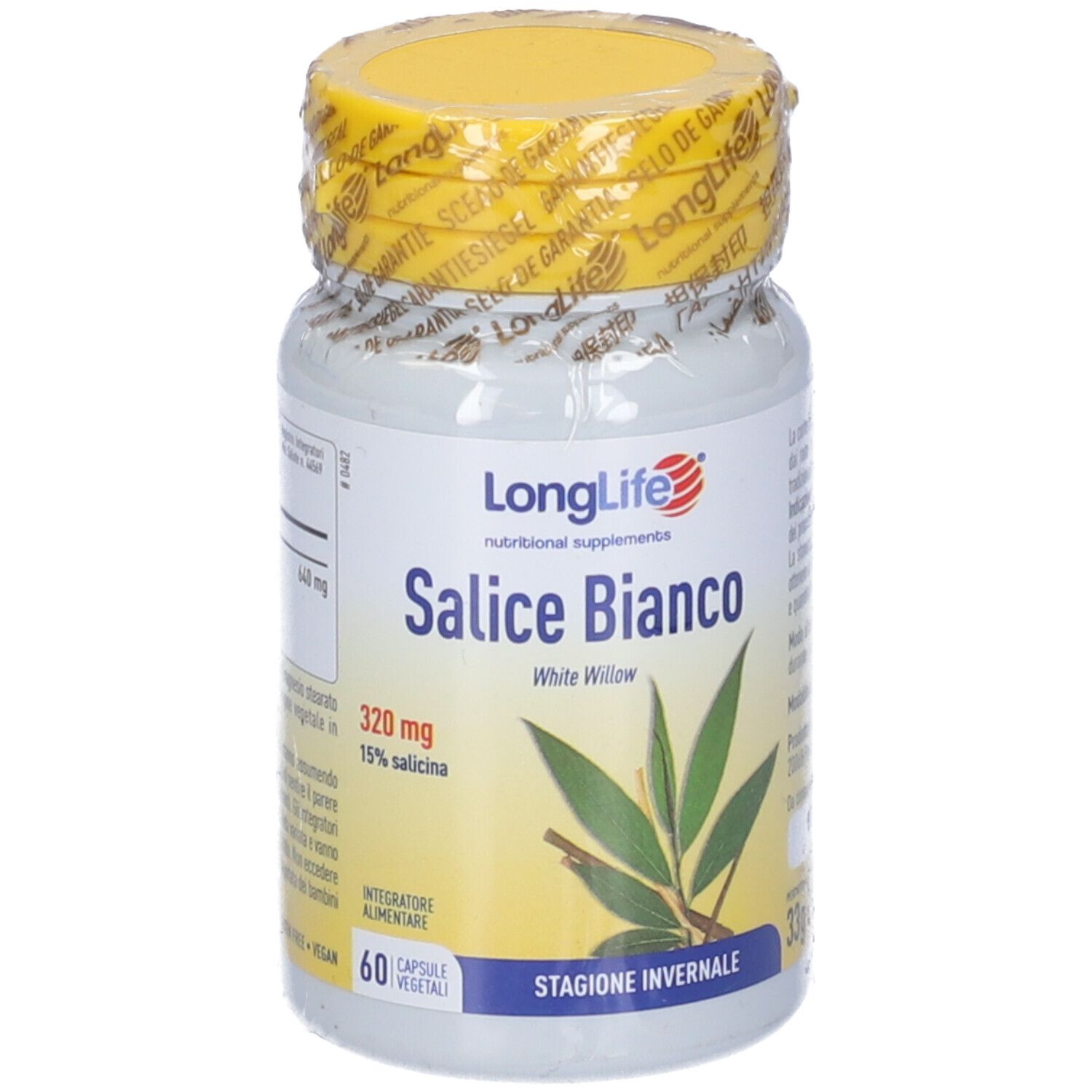 Flacone bianco con tappo e sigillo gialli. Scritta: LongLife Salice Bianco, 60 capsule.