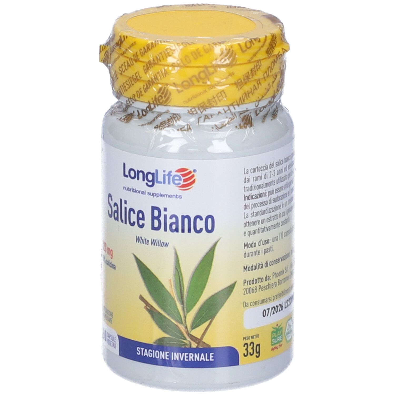 Flacone bianco con tappo e sigillo gialli. Scritta: LongLife Salice Bianco, 60 capsule.
