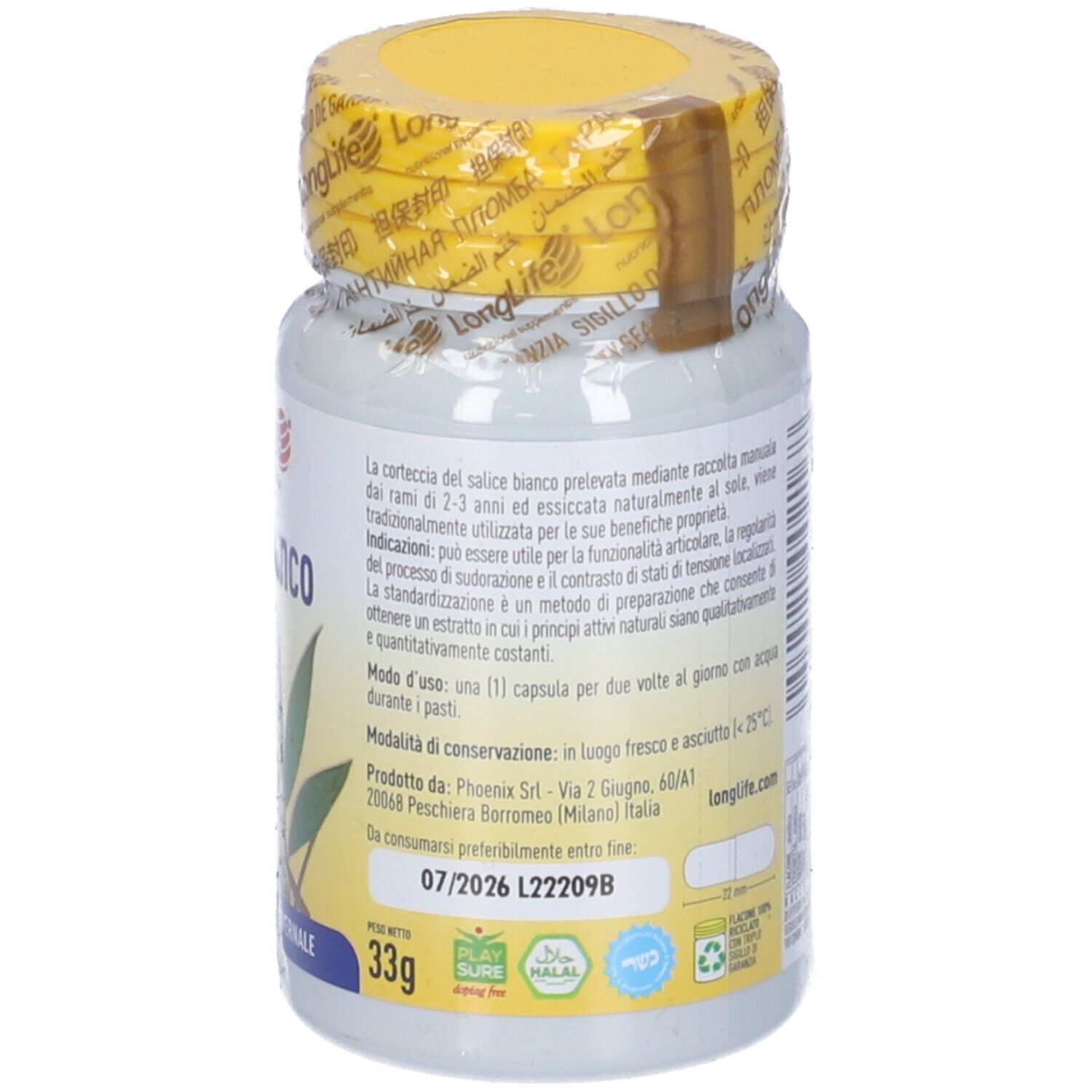 Flacone bianco con tappo e sigillo gialli. Testo sul retro. 33g. Scritta: LongLife Salice Bianco.