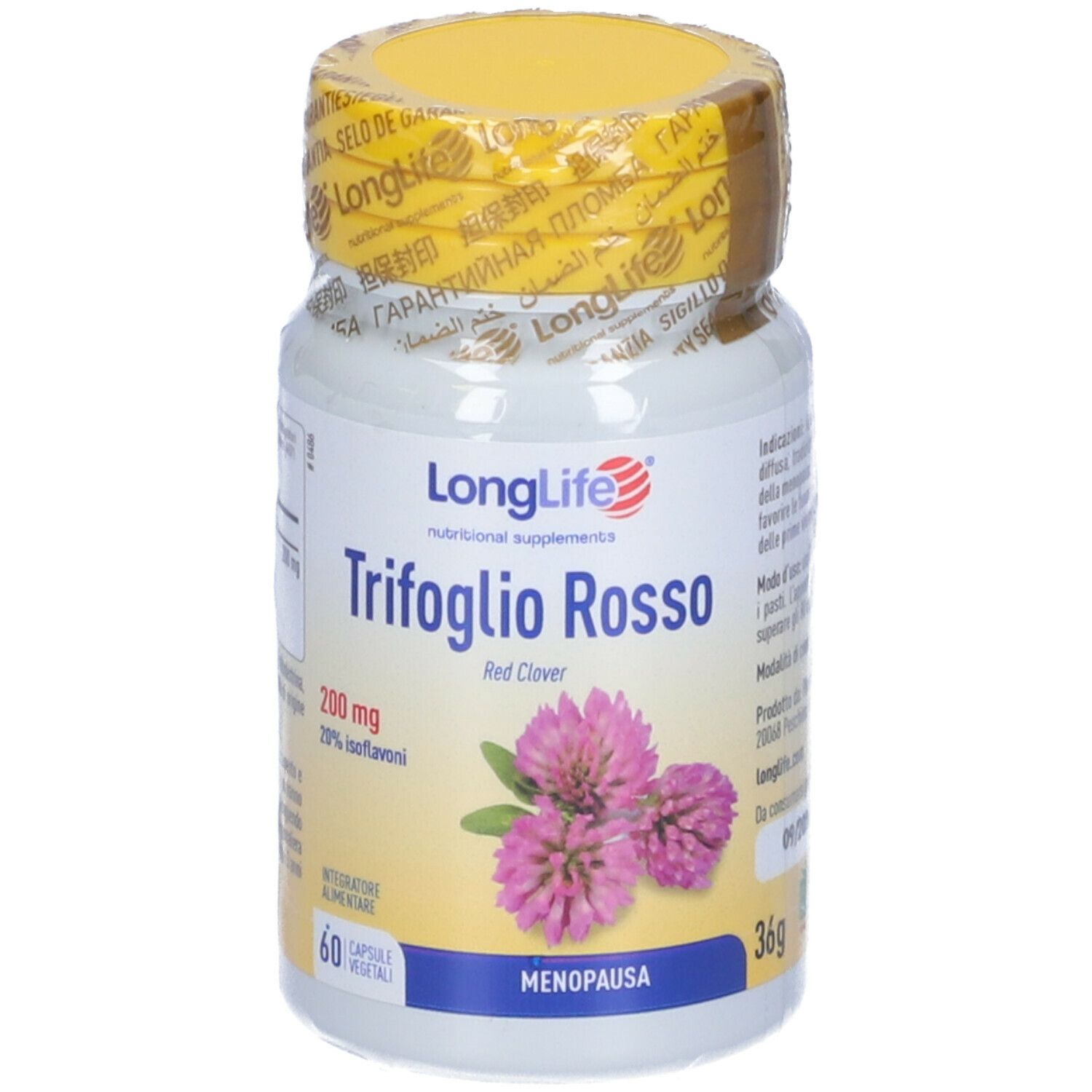 Flacone bianco con tappo e sigillo gialli. Scritta: LongLife Trifoglio Rosso 200 mg, 60 capsule. Immagine di trifoglio rosso.