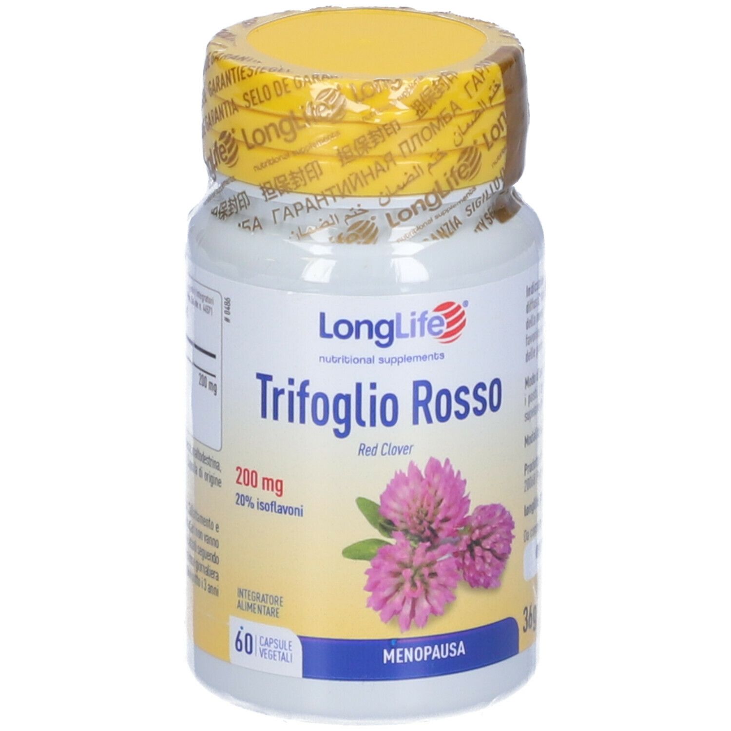 Flacone con tappo e sigillo gialli. Scritta: LongLife Trifoglio Rosso 200 mg, 60 capsule. Immagine di trifoglio rosso.