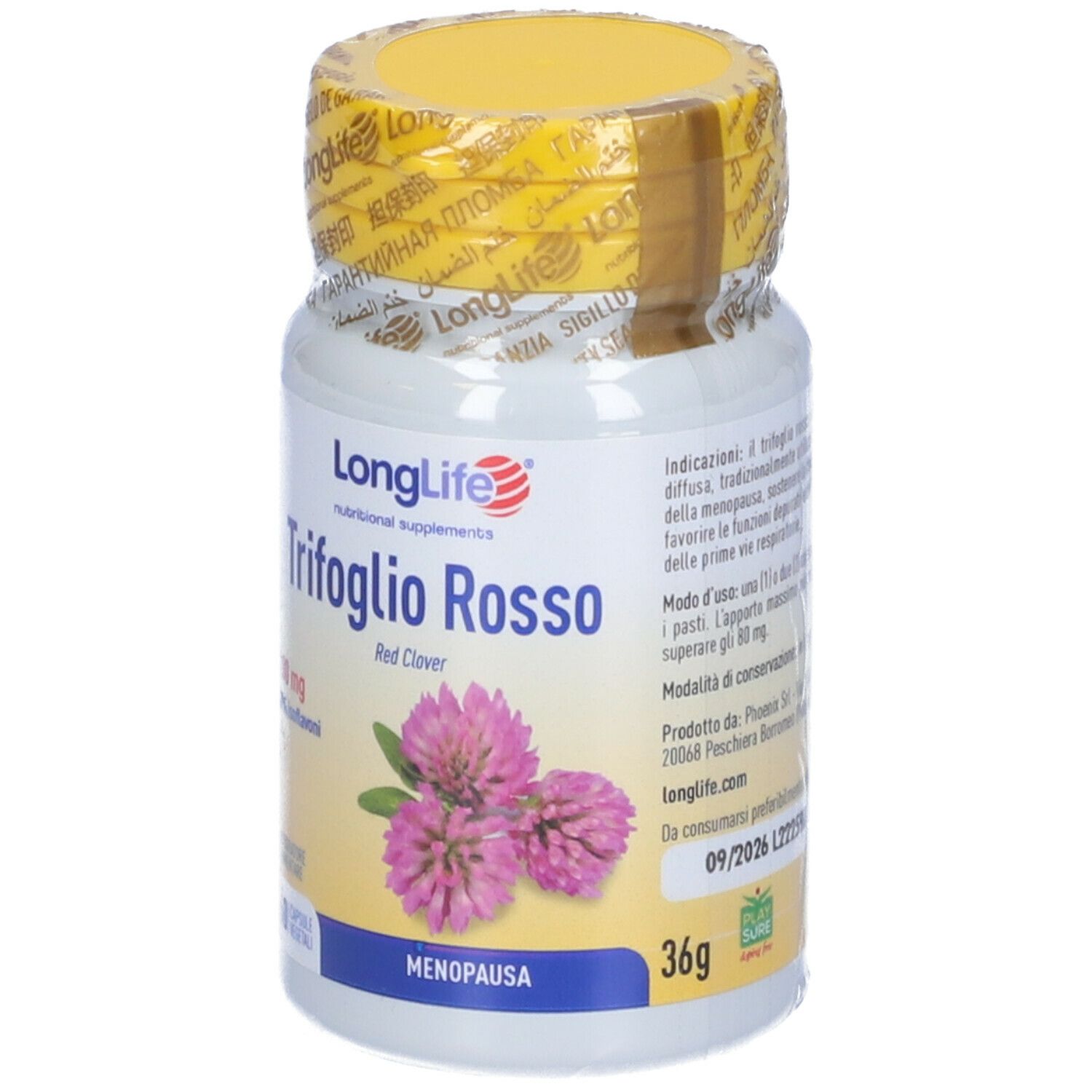 Flacone con tappo e sigillo gialli. Scritta: LongLife Trifoglio Rosso. Scadenza 09/2026. 36g.