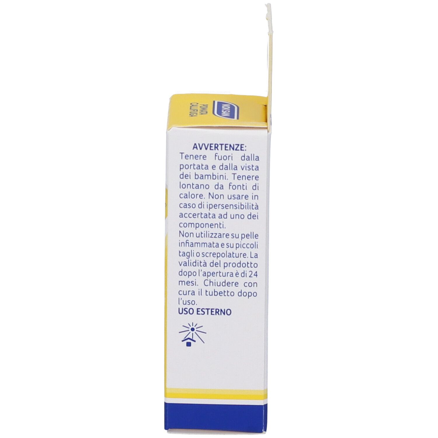 Verpackung für eine Fußpflegecreme mit Warnhinweisen und Entsorgungsinformationen.