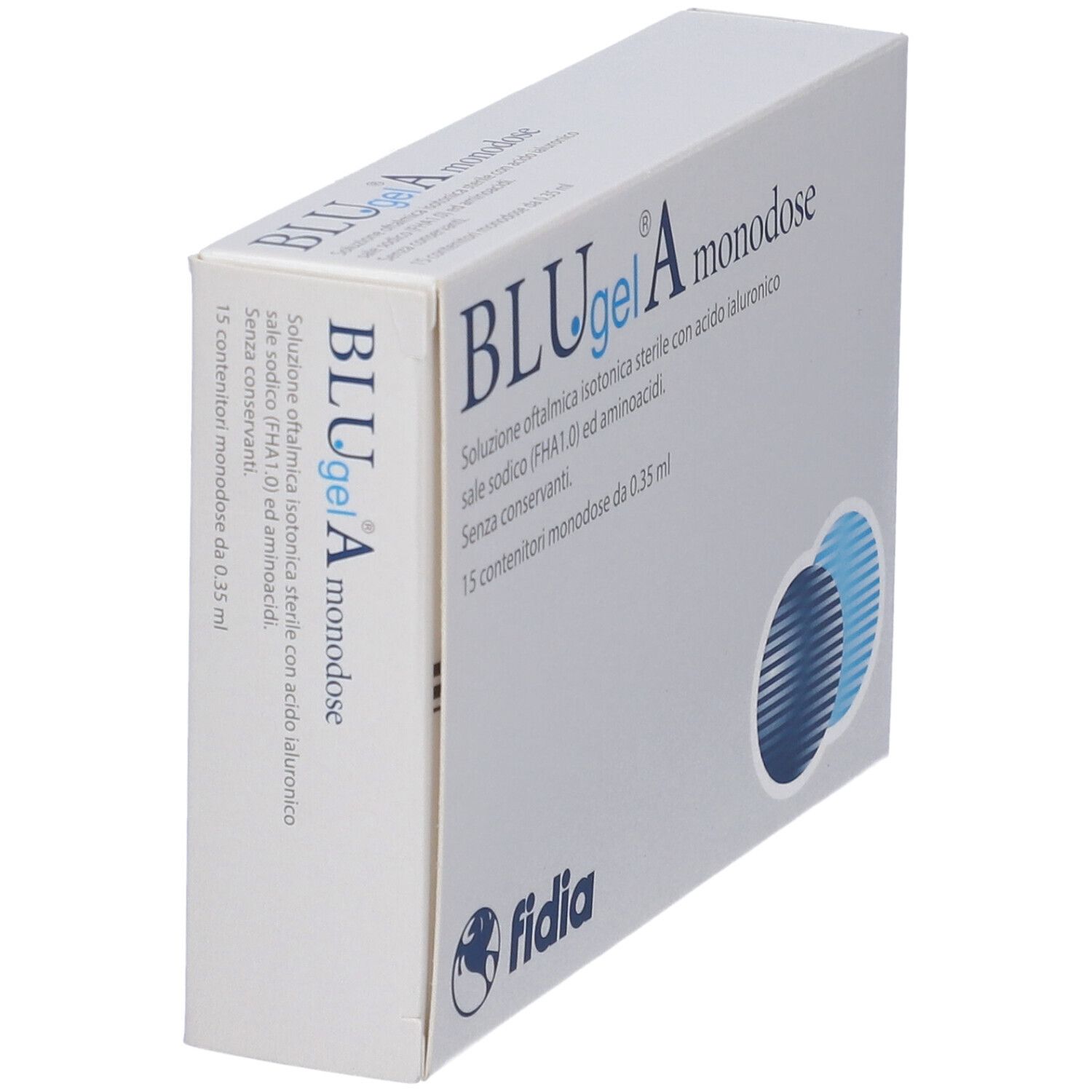Weiße Schachtel mit Text: BLUgel A monodose. Fidia. 15 Einzeldosen. Blaue Grafik.