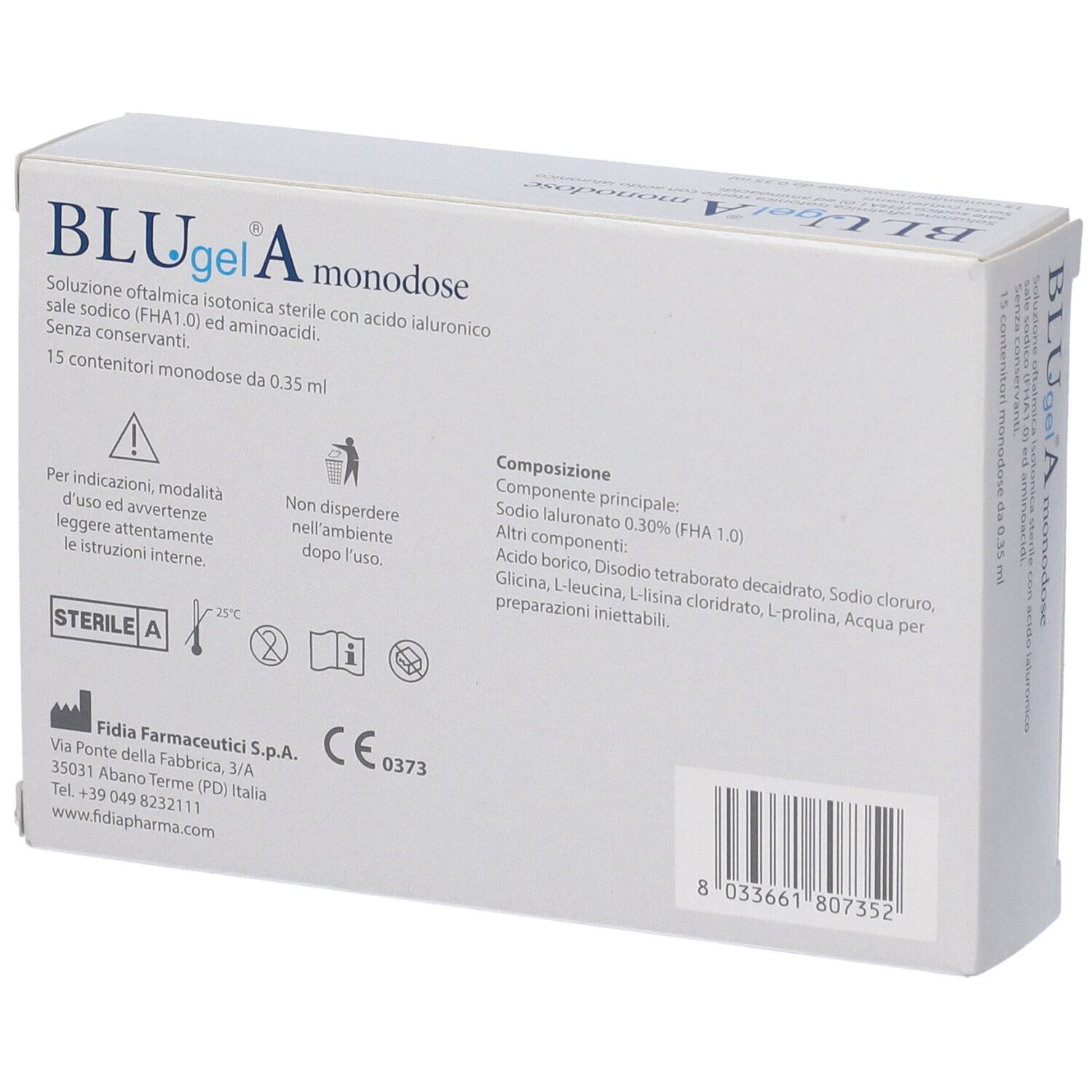 Weiße Schachtel mit Text: BLUgel A monodose. Fidia. 15 Einzeldosen. Inhaltsstoffe, CE-Zeichen.