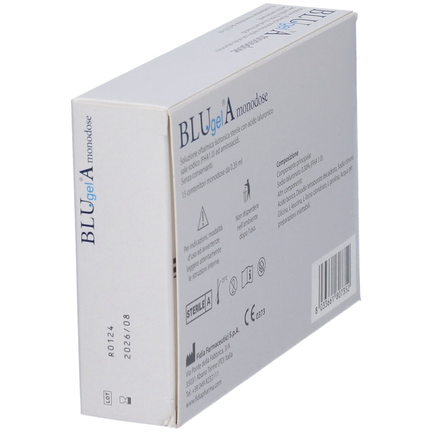 Weiße Schachtel mit Text: BLUgel A monodose. Fidia. 15 Einzeldosen. CE-Zeichen.