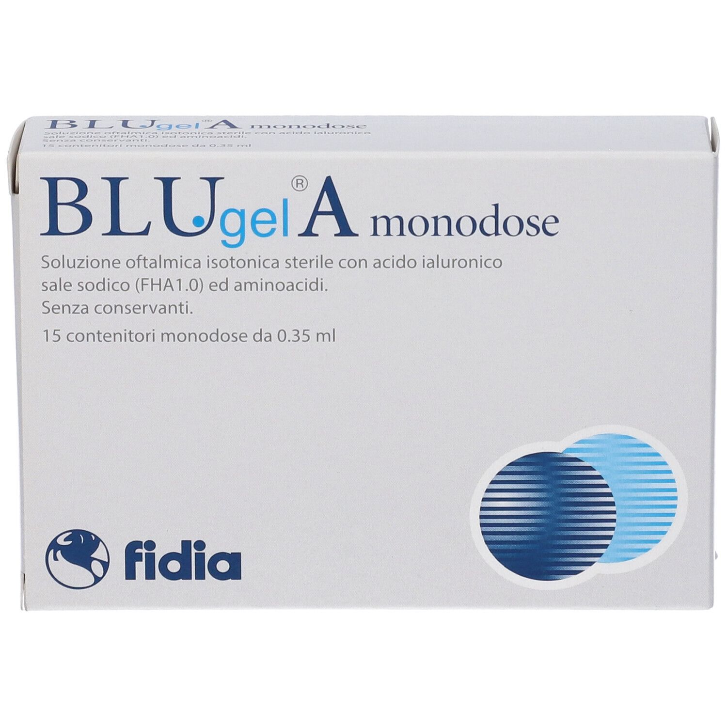 Weiße Schachtel mit Text: BLUgel A monodose. Fidia. 15 Einzeldosen. Logo.