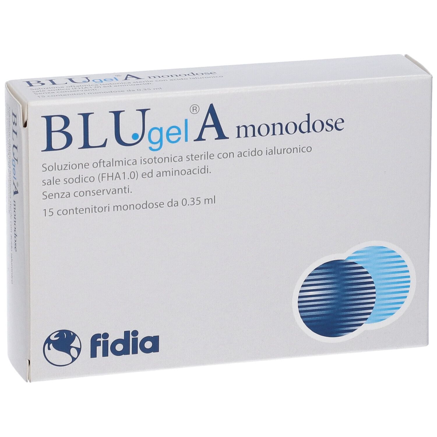 Weiße Schachtel mit Text: BLUgel A monodose. Fidia. 15 Einzeldosen. Logo.