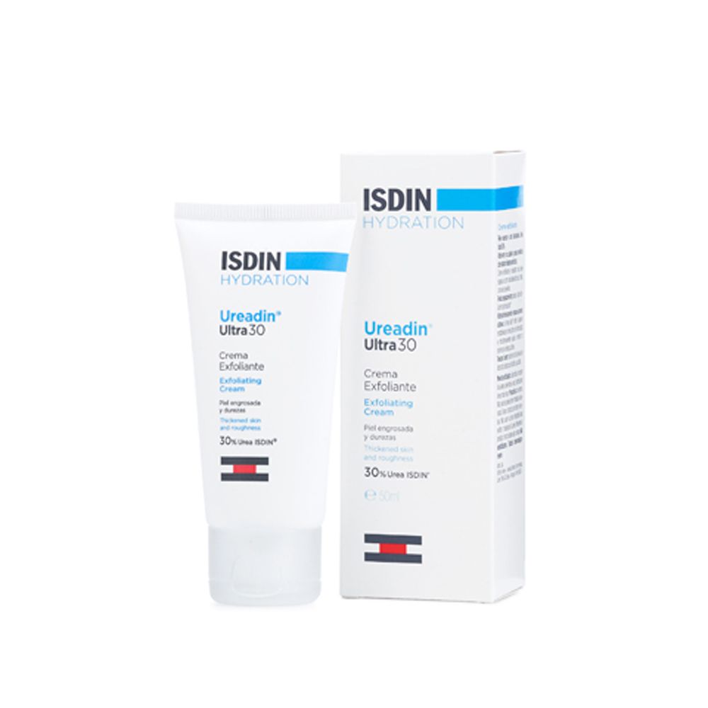 ISDIN Ureadin Ultra 30 crema, tubo e confezione. Bianco, blu e rosso. Testo: Ureadin Ultra 30, Crema Esfoliante.