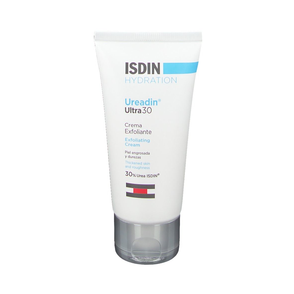 ISDIN Ureadin Ultra 30 crema, tubo. Bianco, blu. Testo: Ureadin Ultra 30, Crema Esfoliante, 30% Urea ISDIN.