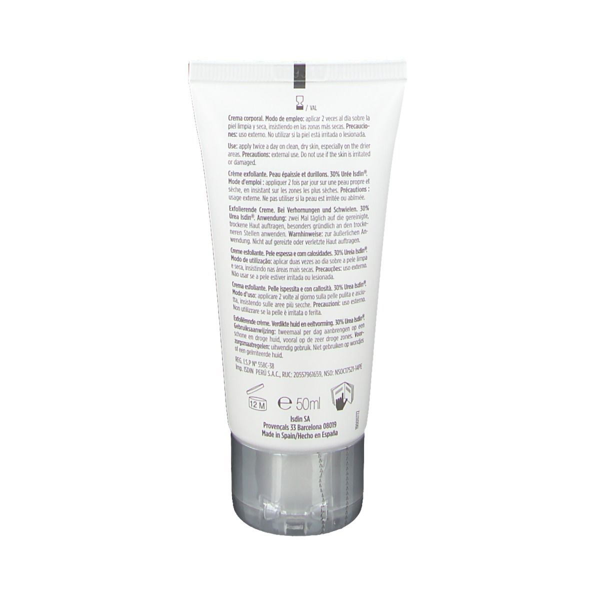 ISDIN Ureadin Ultra 30 crema, tubo. Retro con testo. Testo: Crema corpo, Crema esfoliante, 50ml.