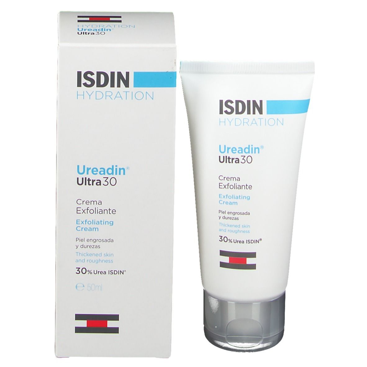ISDIN Ureadin Ultra 30 crema, tubo e confezione. Bianco, blu. Testo: Ureadin Ultra 30, Crema Esfoliante, 30% Urea ISDIN.
