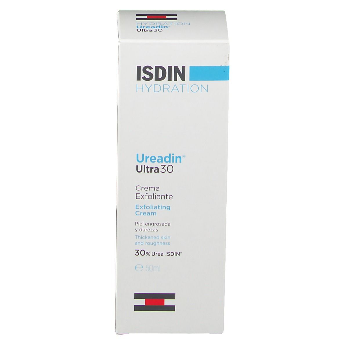 ISDIN Ureadin Ultra 30 crema, confezione. Bianco, blu. Testo: Ureadin Ultra 30, Crema Esfoliante, 30% Urea ISDIN.