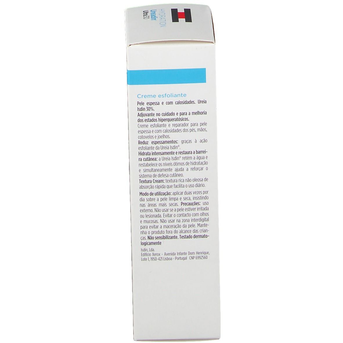 ISDIN Ureadin Ultra 30 crema, confezione. Retro con testo. Testo: Crema esfoliante, 50ml, Ingredienti.