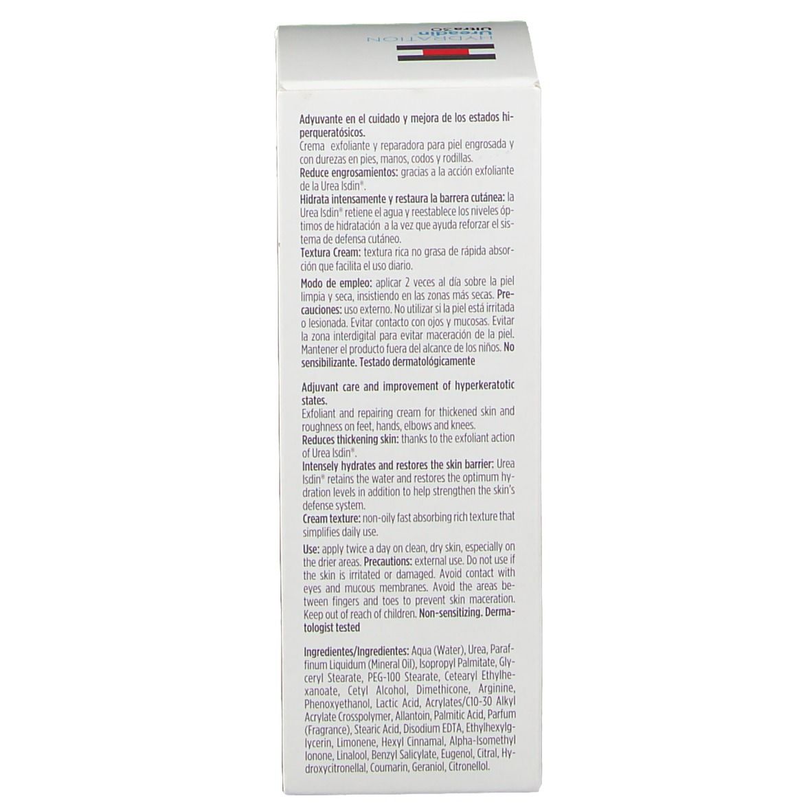 ISDIN Ureadin Ultra 30 crema, confezione. Retro con testo. Testo: Crema esfoliante, 50ml, Ingredienti.