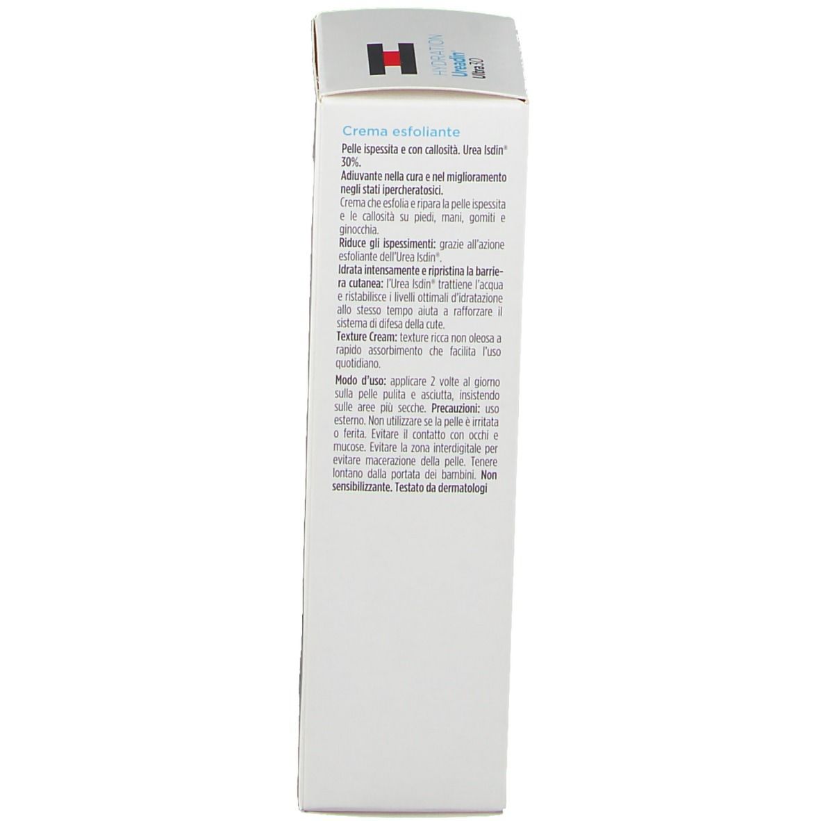 ISDIN Ureadin Ultra 30 crema, confezione. Lato con testo. Testo: Crema esfoliante, 50ml, Utilizzo.